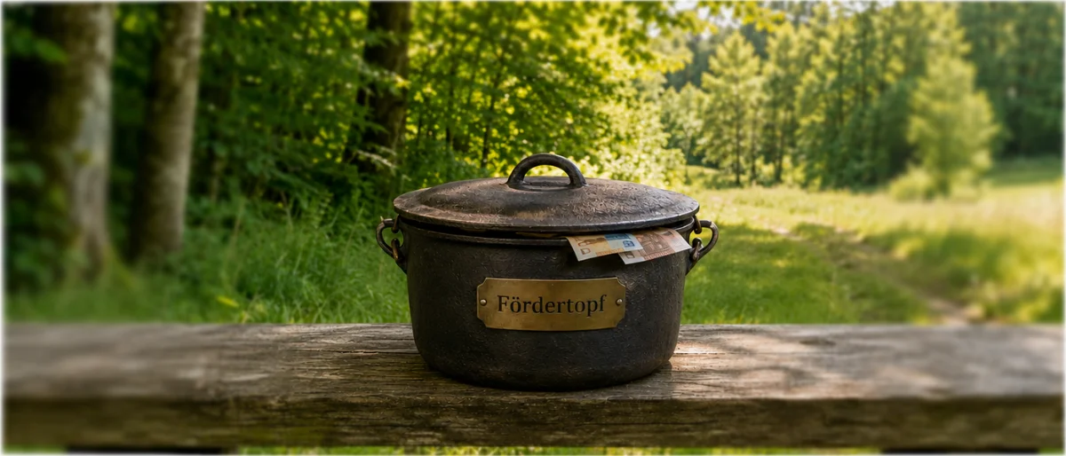 Ein Topf mit der Aufschrift Fördertopf steht auf einer Bank im Naturraum.