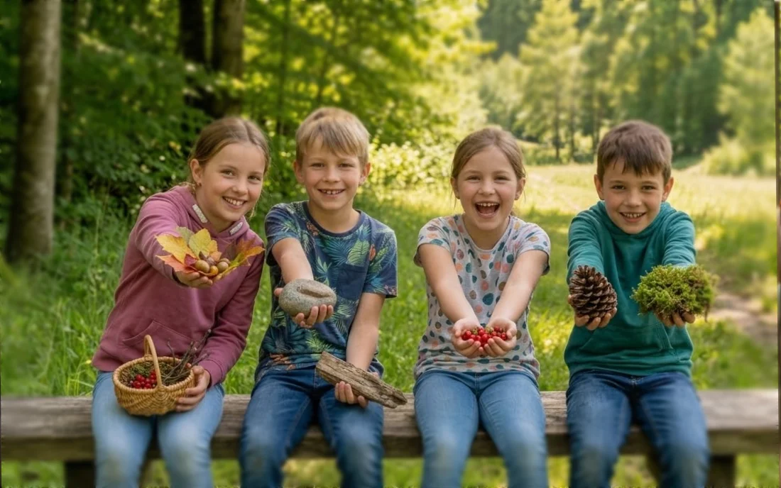 Vier Grundschulkinder zeigen auf einer Bank im Grünen gesammelte Naturmaterialien.
