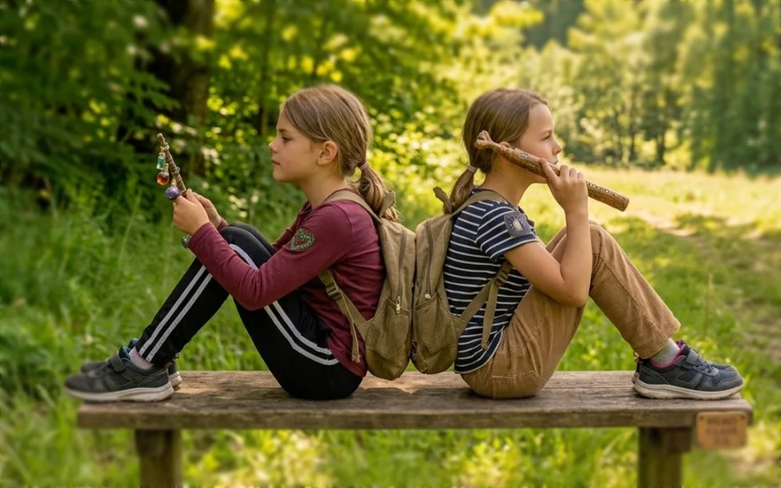 Zwei Kinder mit Rucksäcken sitzen Rücken an Rücken auf einer Bank im Grünen.