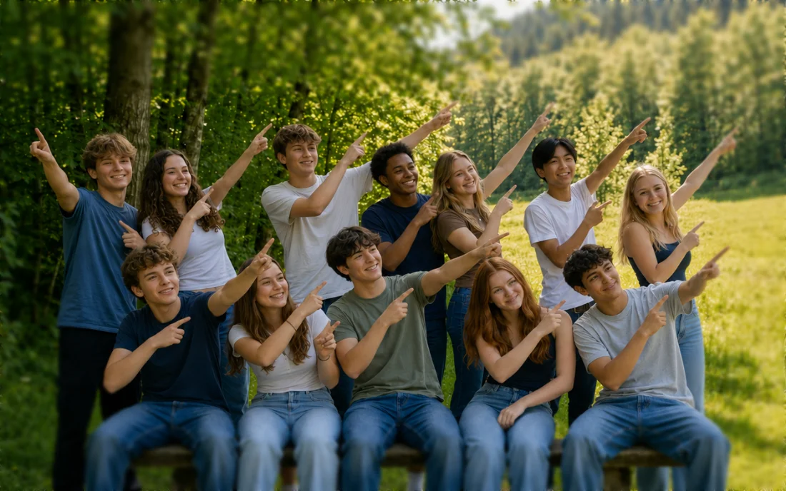Größere Schülergruppe sitzt im Naturraum und zeigt gemeinsam in eine Richtung.
