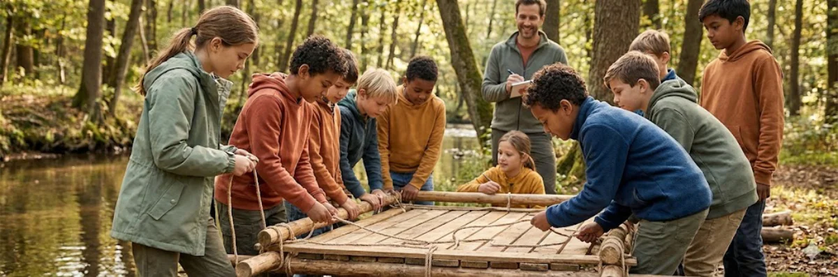 Schülerinnen und Schüler bauen gemeinsam mit einem Erwachsenen ein Floß aus Holz und Seilen an einem Bach.