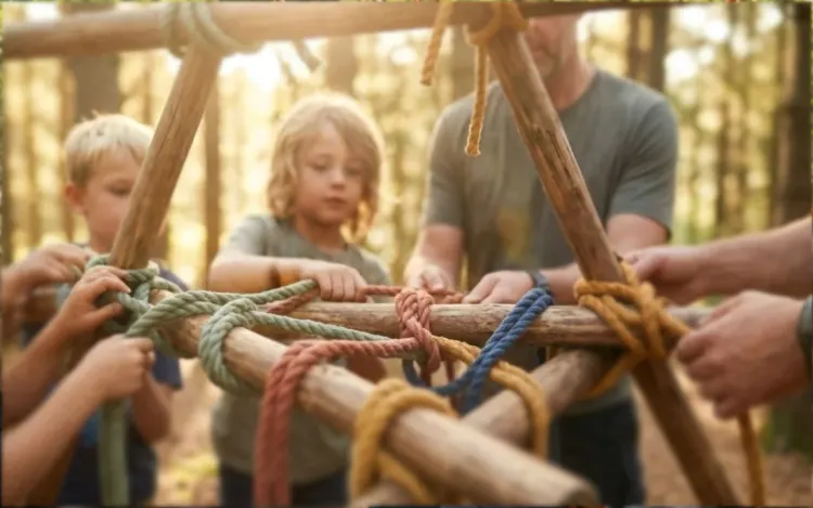 Kinder und ein Erwachsener bauen im Wald gemeinsam ein Holzgestell mit bunten Seilen.